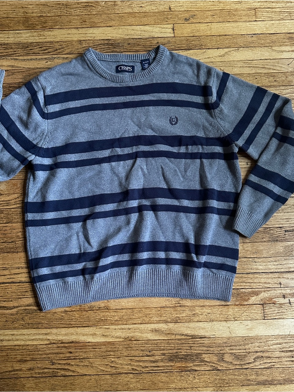 Chaps Men's Gray and Navy Striped Crewneck Sweater